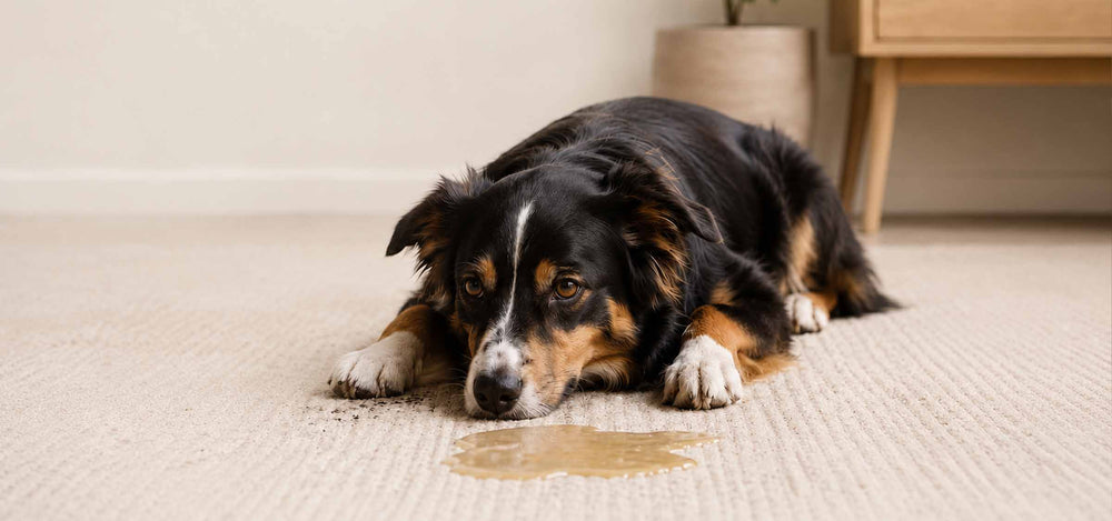 Hund liegt erschöpft auf Teppich vor Erbrochenem