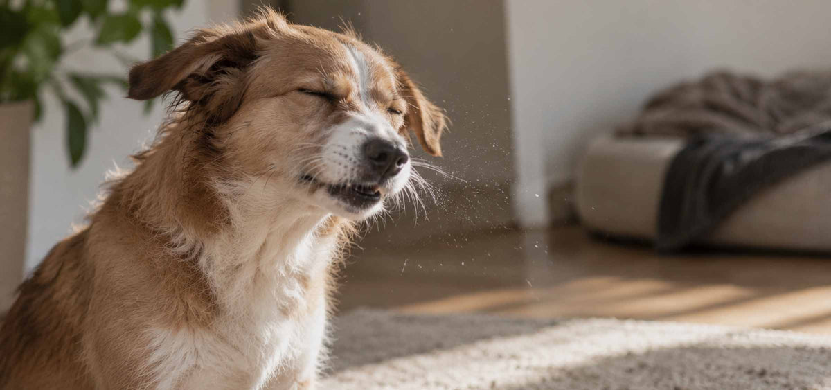 Niesender Hund in Wohnzimmer