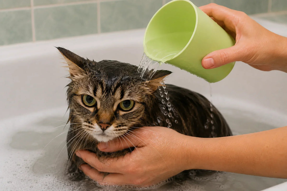 Katze wird gebadet: Katzen baden - wann sinnvoll? 