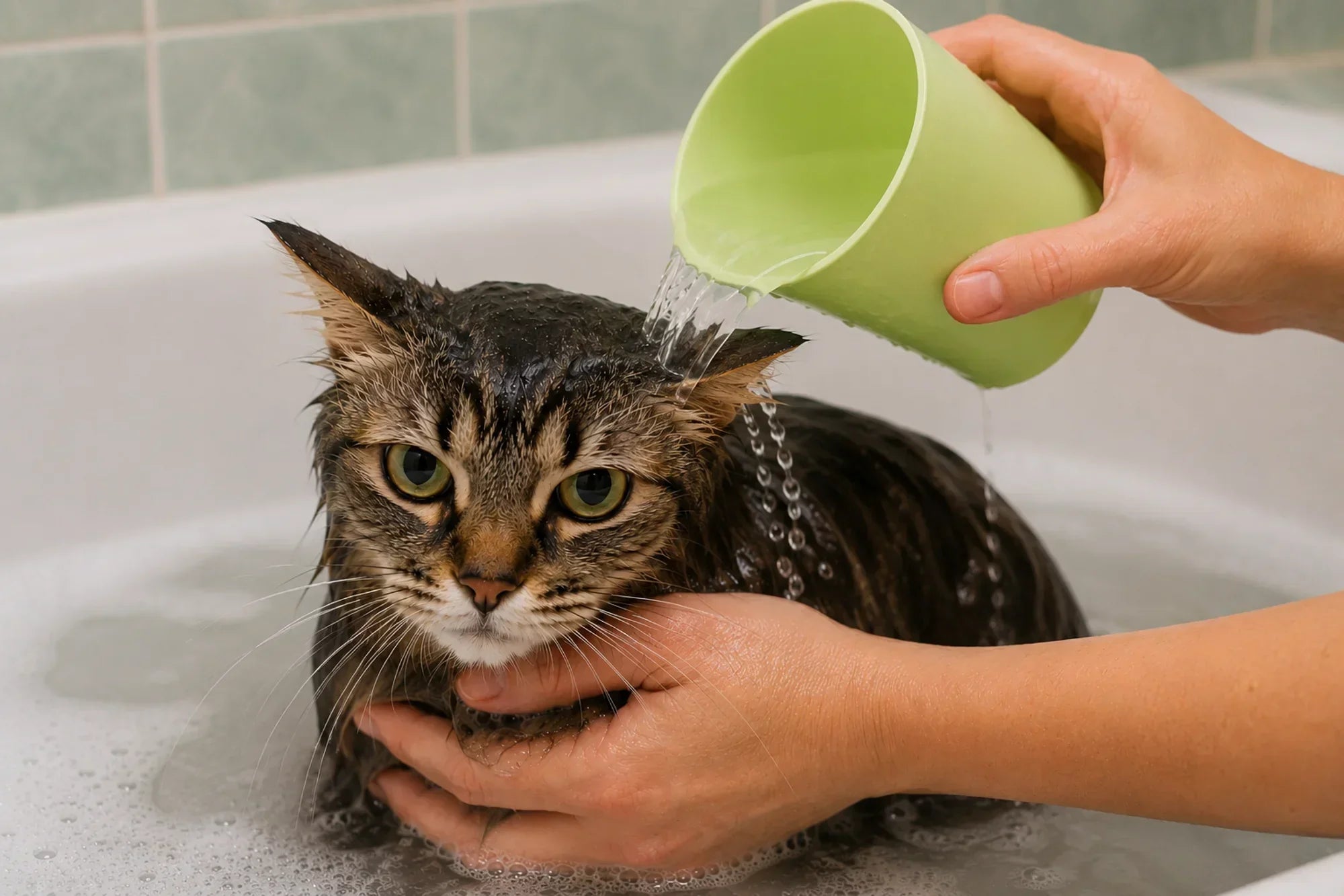 Katze wird gebadet: Katzen baden - wann sinnvoll? 