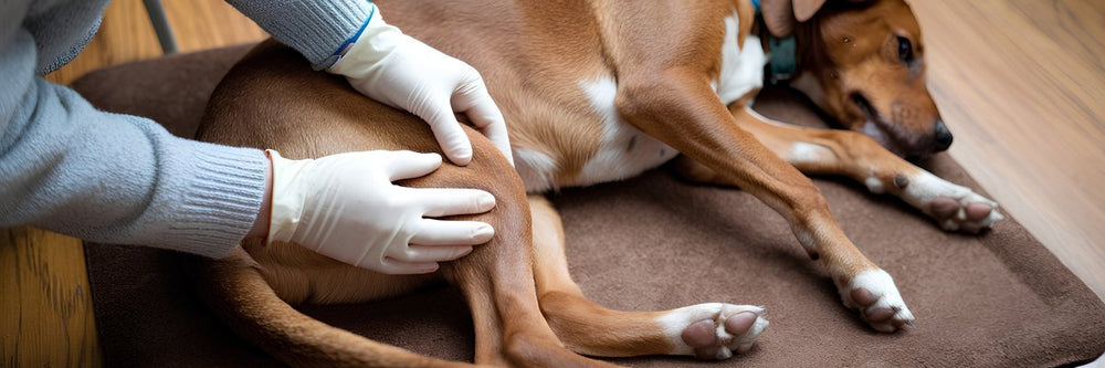 Hund liegt auf dem Boden, Gelenke werden kontrolliert. Hund Gelenke Behandlung