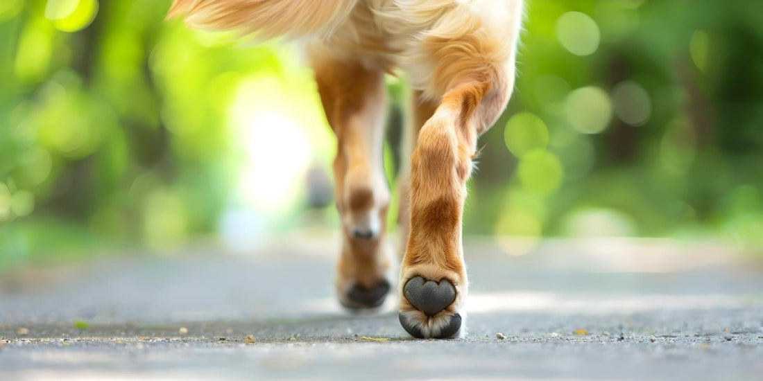 Hund auf der Strasse. Steife Gelenke, Arthrose.