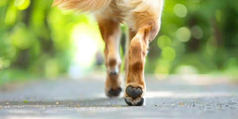 Hund auf der Strasse. Steife Gelenke, Arthrose.