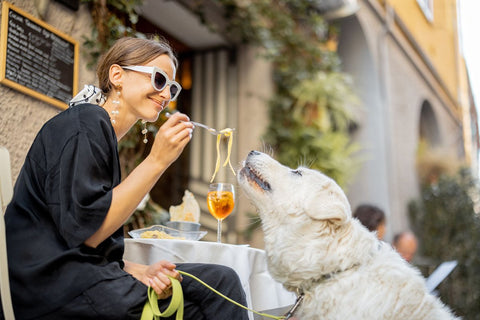 Frau füttert Hund mit Nudeln - Dürfen Hunde Nudeln essen?