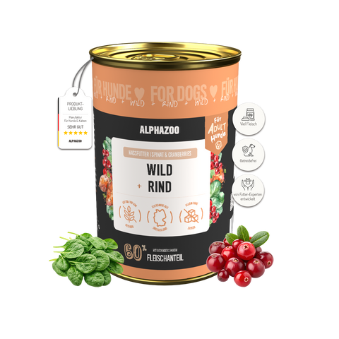 Wild + Rind Nassfutter für Adult Hunde alphazoo Nassfutter Wild + Rind - Hundefutter ohne Getreide