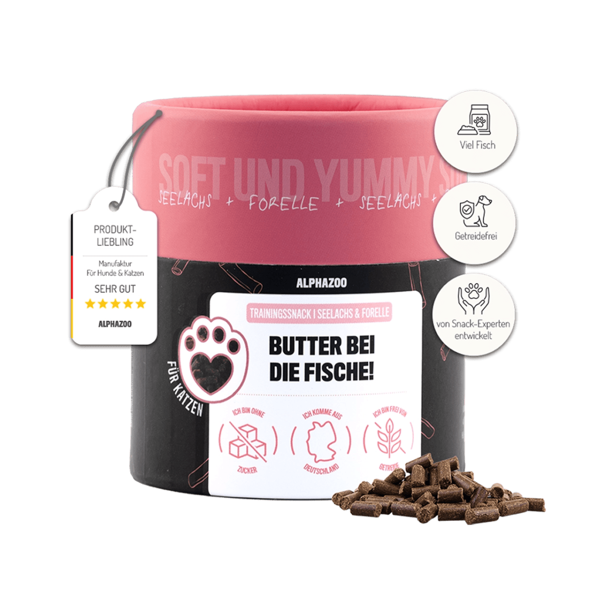 
                    Butter at Die Fische! 65 g Let's get down to brass tacks – Soft snack with salmon & trout for cats
                    