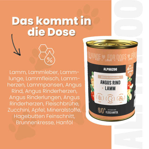 Angus Rind + Lamm Nassfutter für Adult Hunde alphazoo Nassfutter mit Angus Rind + Lamm - Duoprotein für Hunde