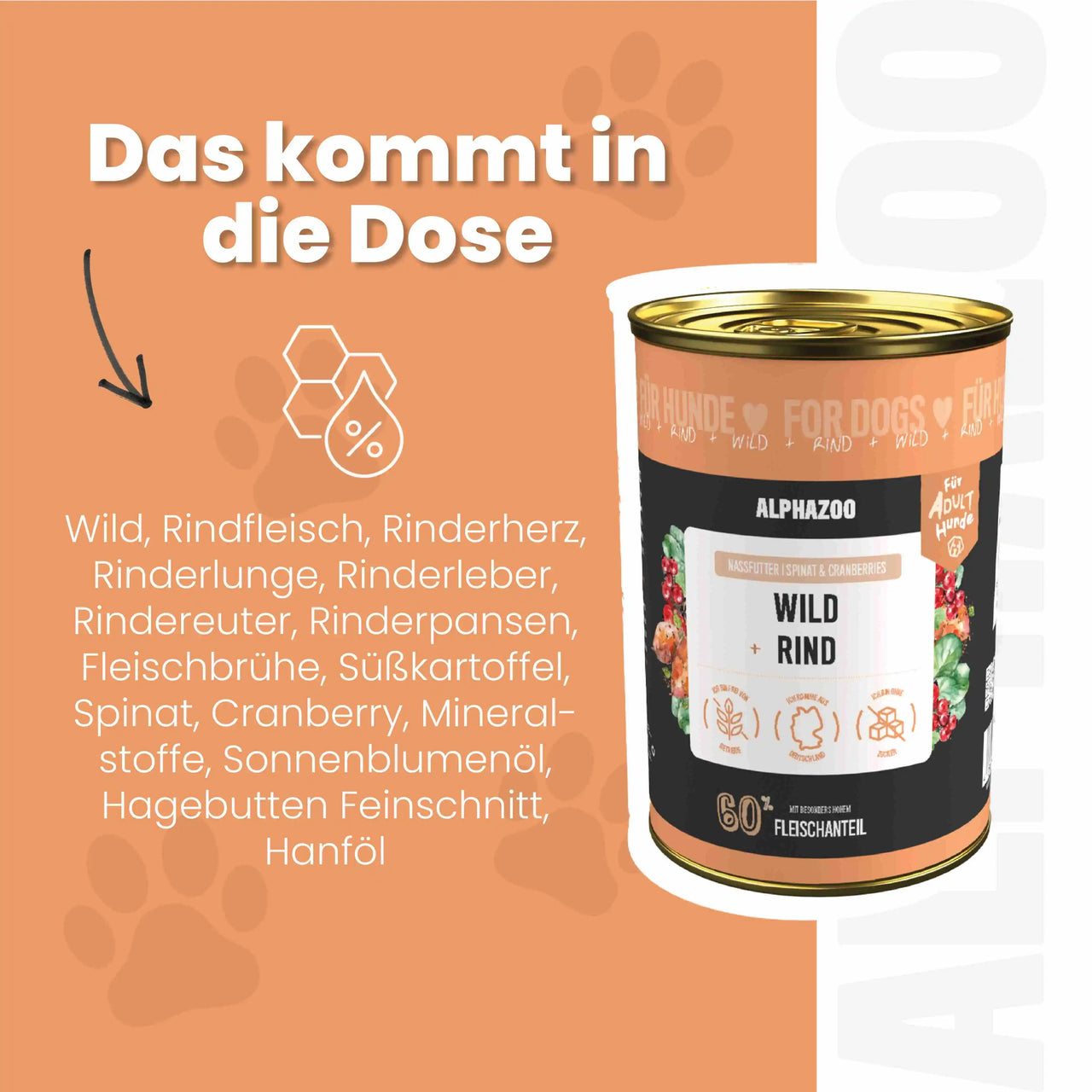 
                      Wild + Rind Nassfutter für Adult Hunde alphazoo Nassfutter Wild + Rind - Hundefutter ohne Getreide
                      