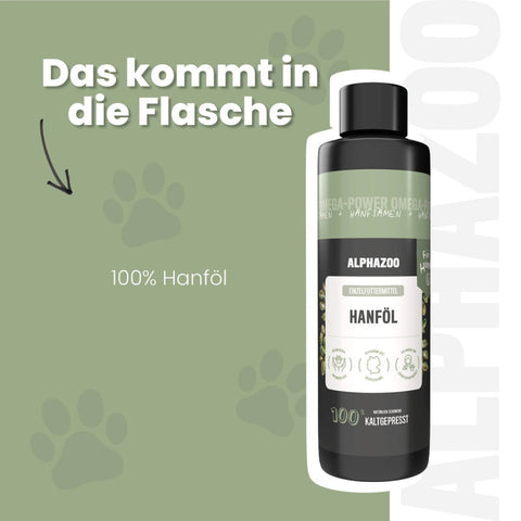 Hemp oil for dogs Hemp oil for dogs – a harmonious addition to raw feeding. 100% natural and rich in Omega-3, -6 & -9 fatty acids.