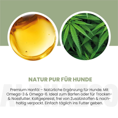 Hemp oil for dogs Hemp oil for dogs – a harmonious addition to raw feeding. 100% natural and rich in Omega-3, -6 & -9 fatty acids.