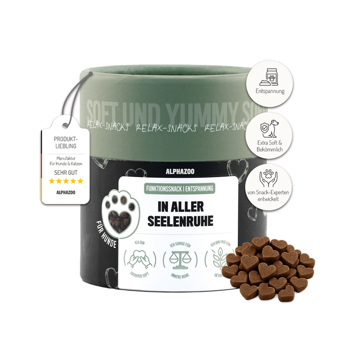 
                    In All Peace of Mind 60 g In complete tranquility – a relaxed dog snack with valerian, lemon balm & ashwagandha.
                    