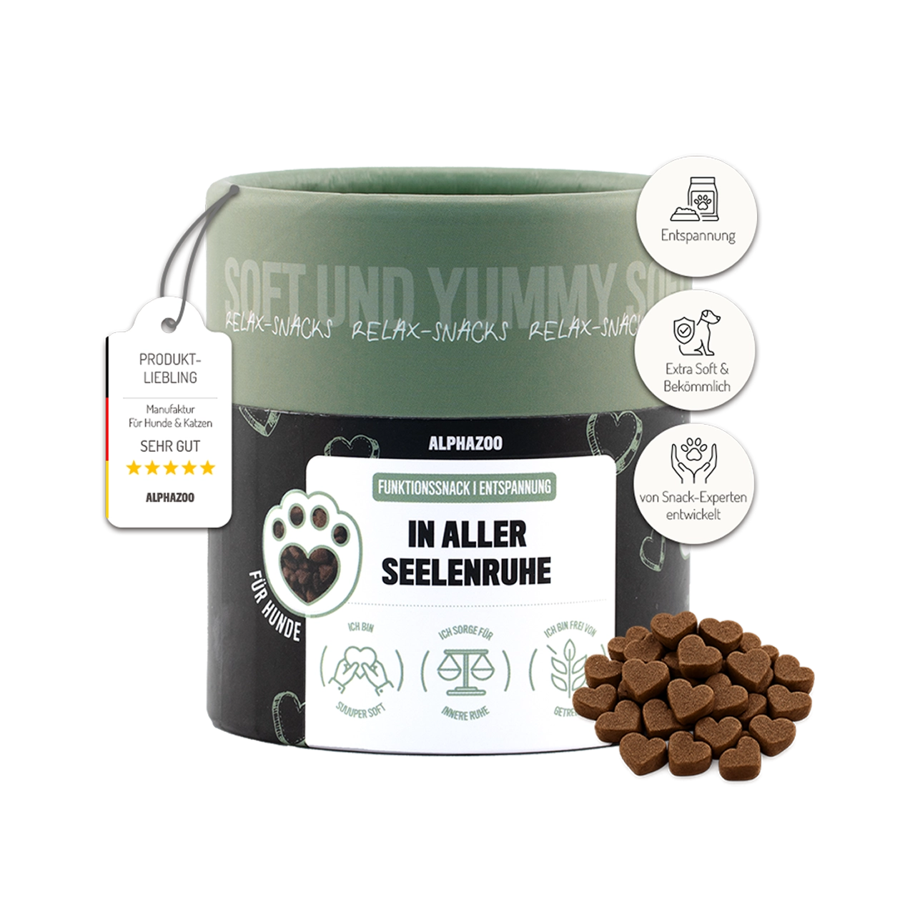 In All Peace of Mind 60 g In complete tranquility – a relaxed dog snack with valerian, lemon balm & ashwagandha.