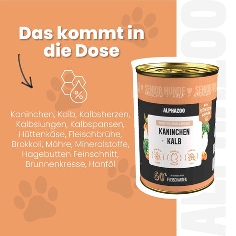 Kaninchen + Kalb Nassfutter für Senior Hunde alphazoo Nassfutter mit Kaninchen + Kalb für ältere Hunde