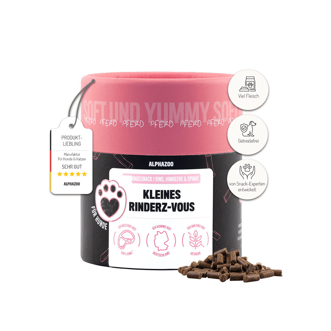 
                    Kleines Rinderz-Vous Kleines Rinderz-vous – Hundesnack mit 90 % Rind, Himbeere & Spinat.
                    