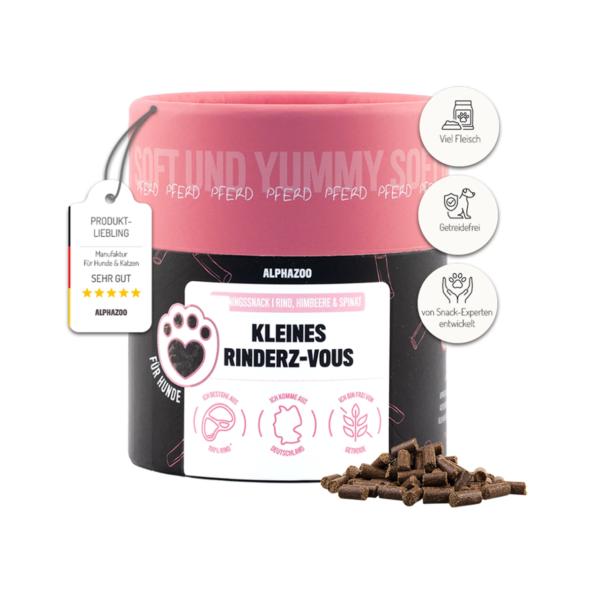 
                      Kleines Rinderz-Vous Kleines Rinderz-vous – Hundesnack mit 90 % Rind, Himbeere & Spinat.
                      