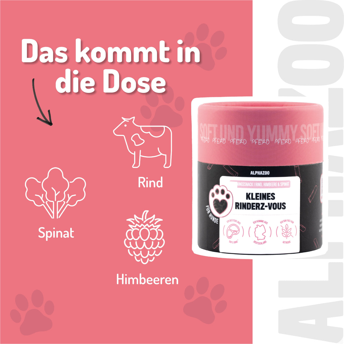 
                      Kleines Rinderz-Vous Kleines Rinderz-vous – Hundesnack mit 90 % Rind, Himbeere & Spinat.
                      