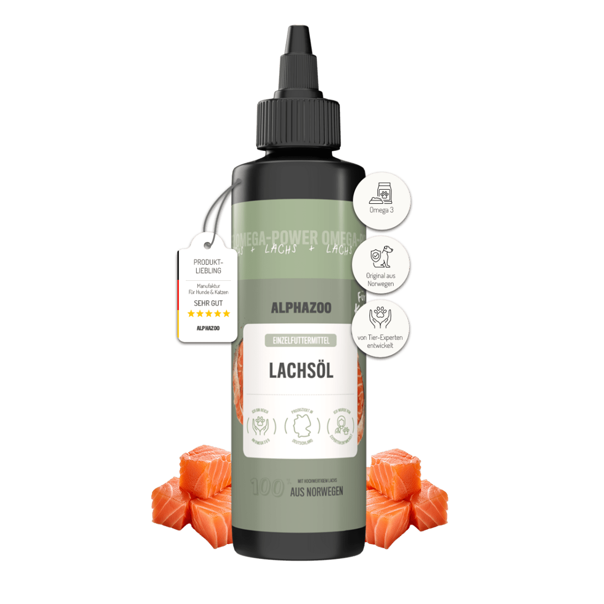 
                    Lachsöl für Katzen Lachsöl für Katzen – Hochwertige Futterergänzung für Haut, Fell & Immunsystem – reich an Omega-3, -6 & -9 Fettsäuren.
                    