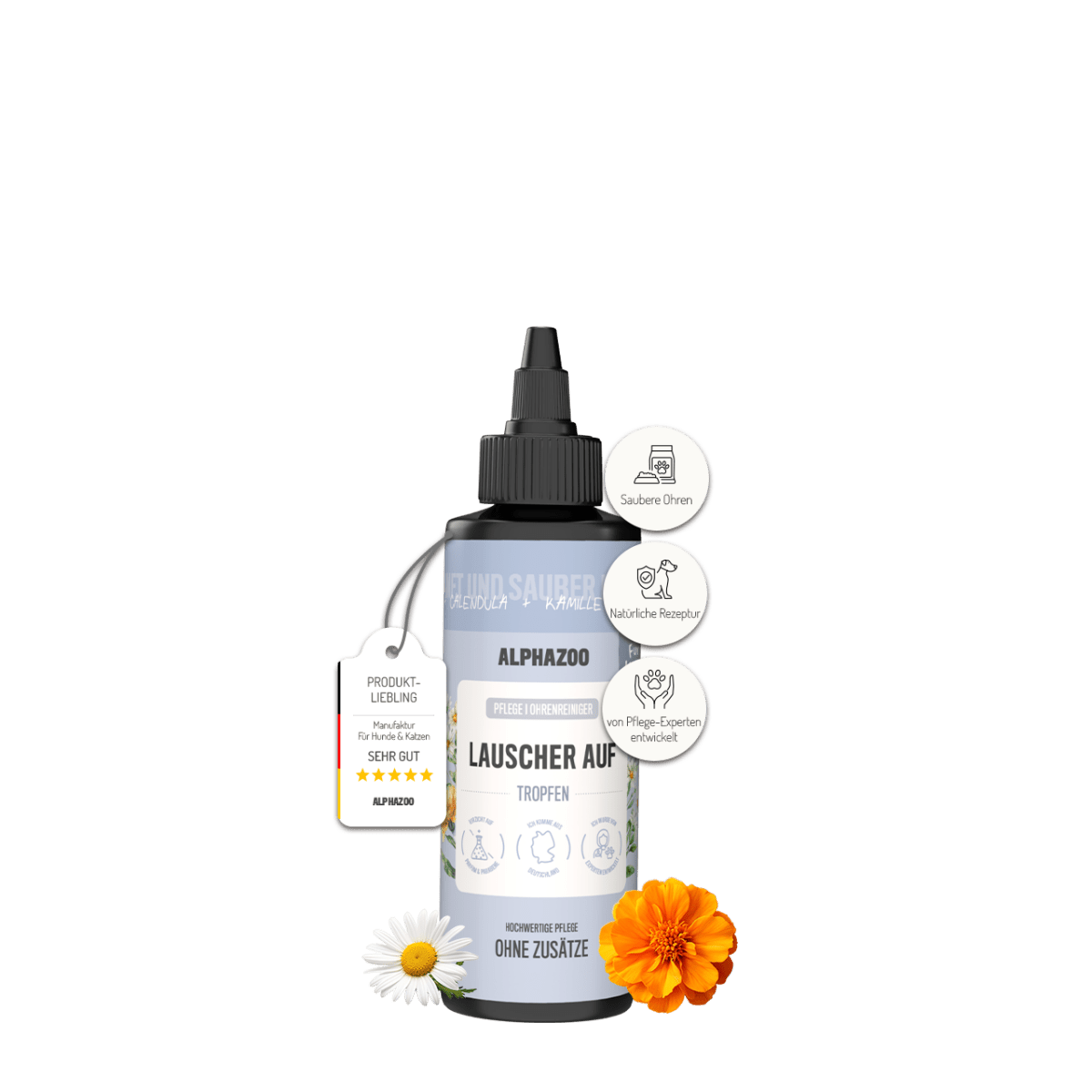 
                      Lauscher-Auf ear cleaner for cats Lauscher Auf ear cleaner for cats – gentle care & cleaning with chamomile & calendula.
                      