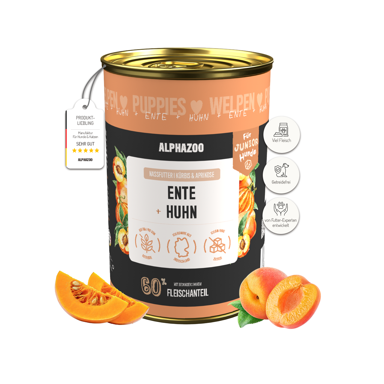 
                      Ente + Huhn Nassfutter für Welpen alphazoo Nassfutter mit Ente + Huhn - Welpenfutter ohne Getreide
                      