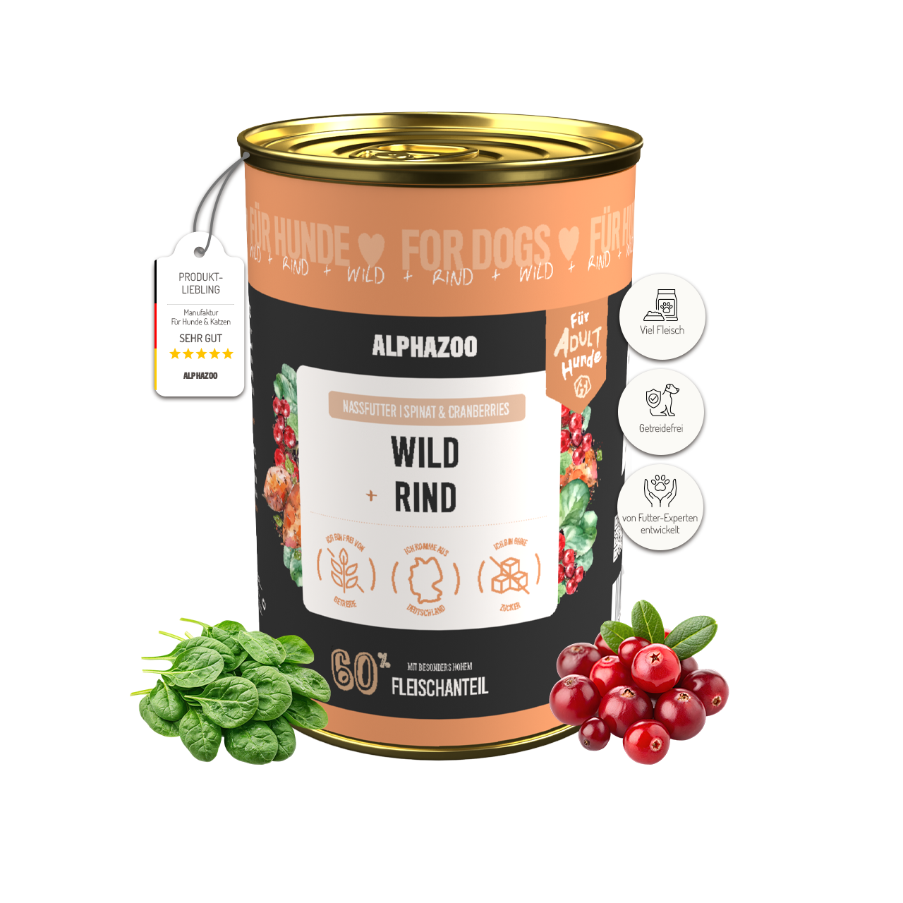 
                      Wild + Rind Nassfutter für Adult Hunde alphazoo Nassfutter Wild + Rind - Hundefutter ohne Getreide
                      