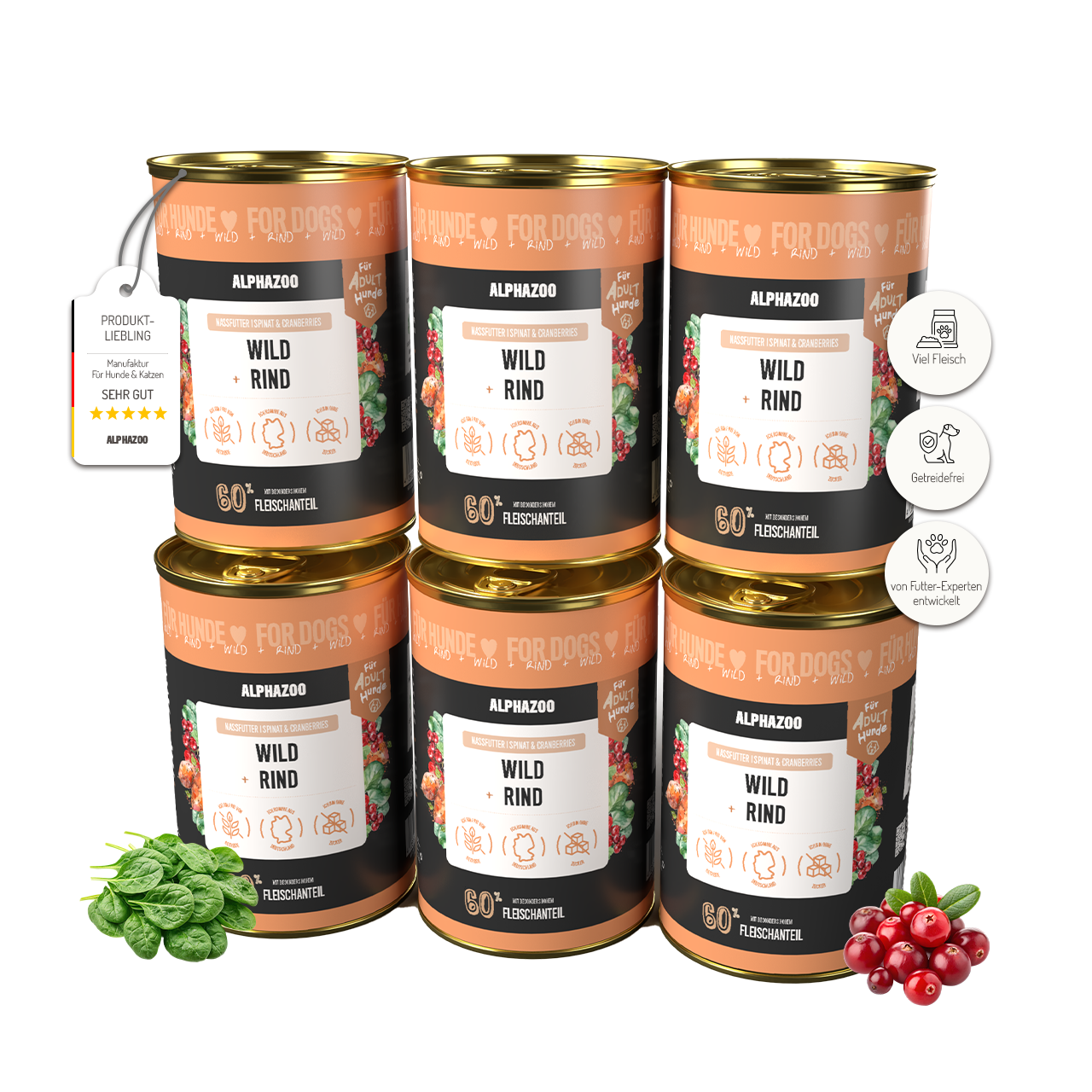 
                    Wild + Rind Nassfutter für Adult Hunde alphazoo Nassfutter Wild + Rind - Hundefutter ohne Getreide
                    