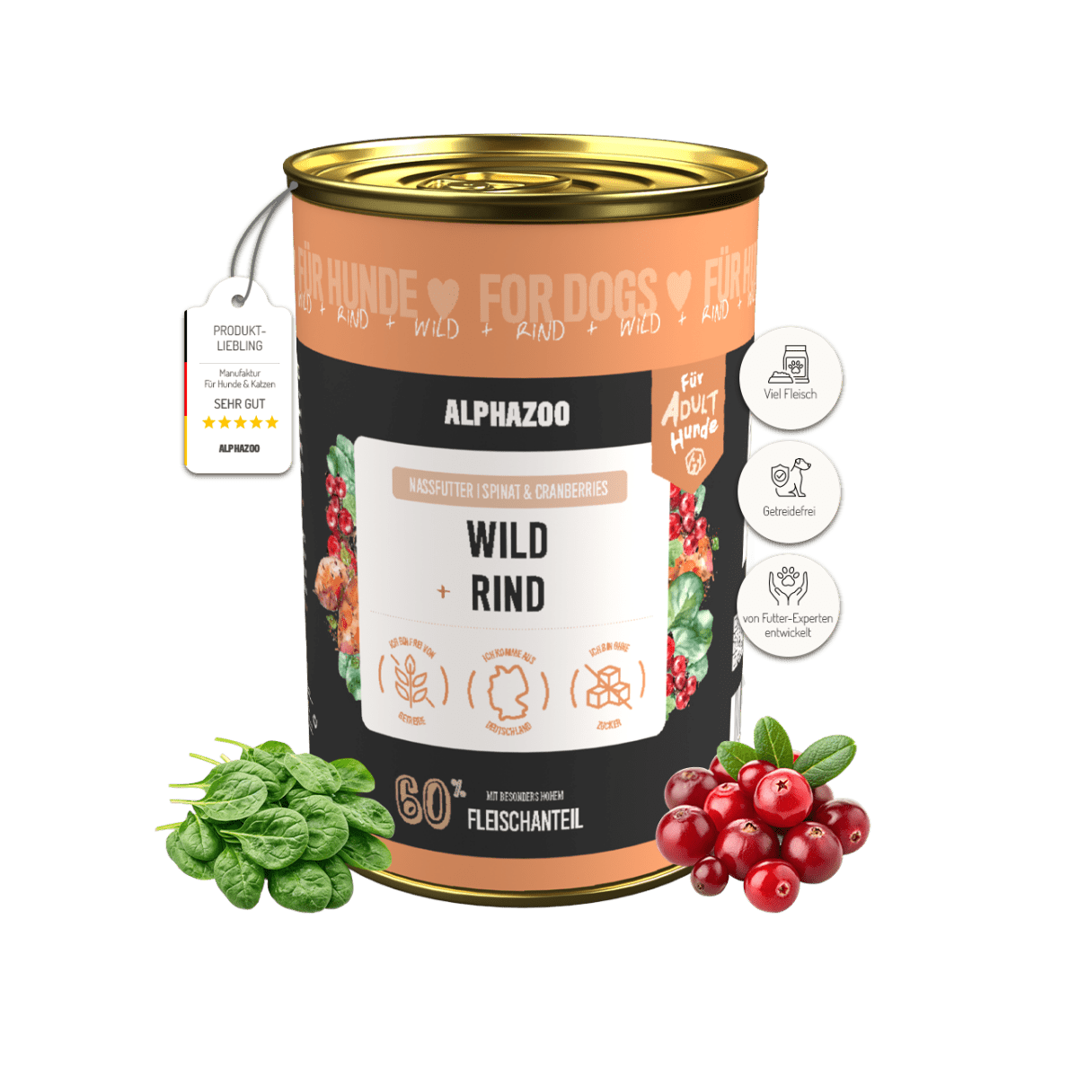 
                      Wild + Rind Nassfutter für Adult Hunde alphazoo Nassfutter Wild + Rind - Hundefutter ohne Getreide
                      