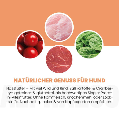 Wild + Rind Nassfutter für Adult Hunde alphazoo Nassfutter Wild + Rind - Hundefutter ohne Getreide