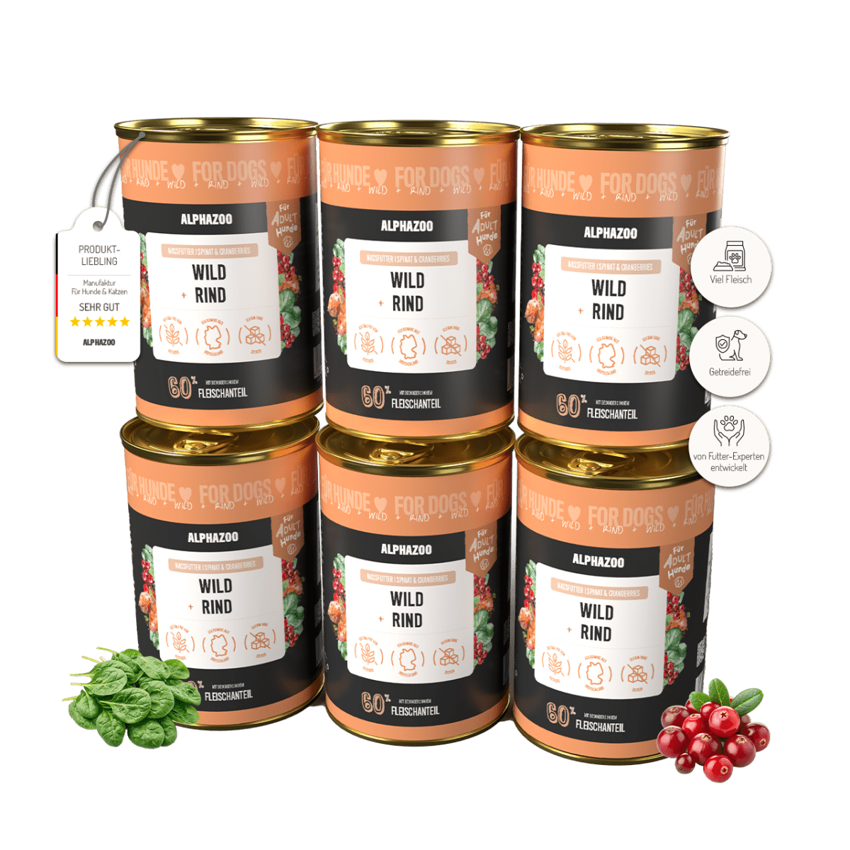 Wild + Rind Nassfutter für Adult Hunde alphazoo Nassfutter Wild + Rind - Hundefutter ohne Getreide