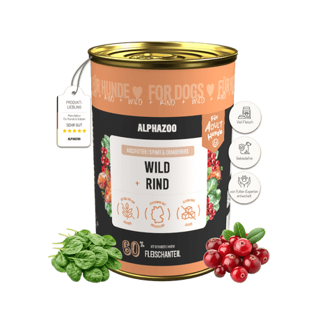 Wild + Rind Nassfutter für Adult Hunde alphazoo Nassfutter Wild + Rind - Hundefutter ohne Getreide