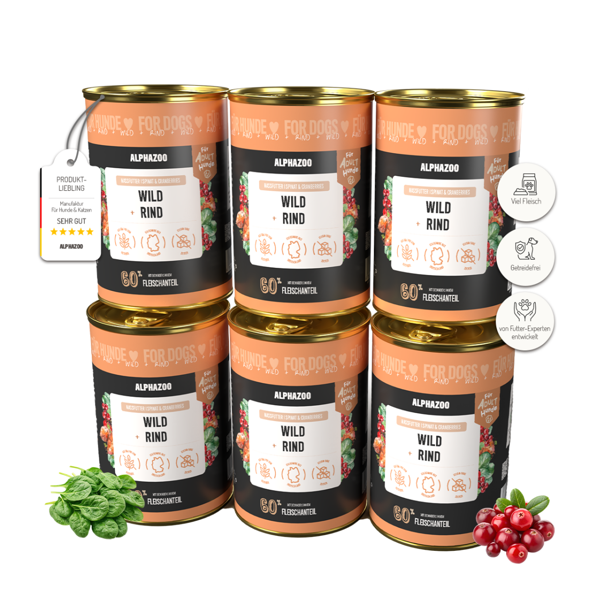 Wild + Rind Nassfutter für Adult Hunde alphazoo Nassfutter Wild + Rind - Hundefutter ohne Getreide